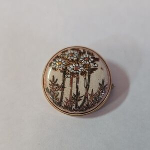 Vintage Floral Button Brooch - Gold and Cream W/ Flowers & Folage